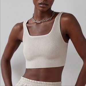 Aritzia Babaton Sculpt Knit Ribbed Cropped Tank in Beige Oatmeal ~ size XL